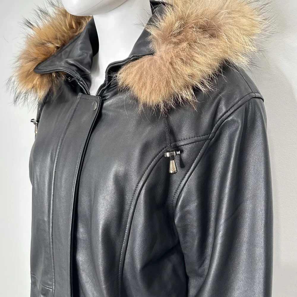 Genuine Lamb Leather Longline Coat Jacket w/ Remove-able Faux Fur Trim Hood - Picture 4 of 16